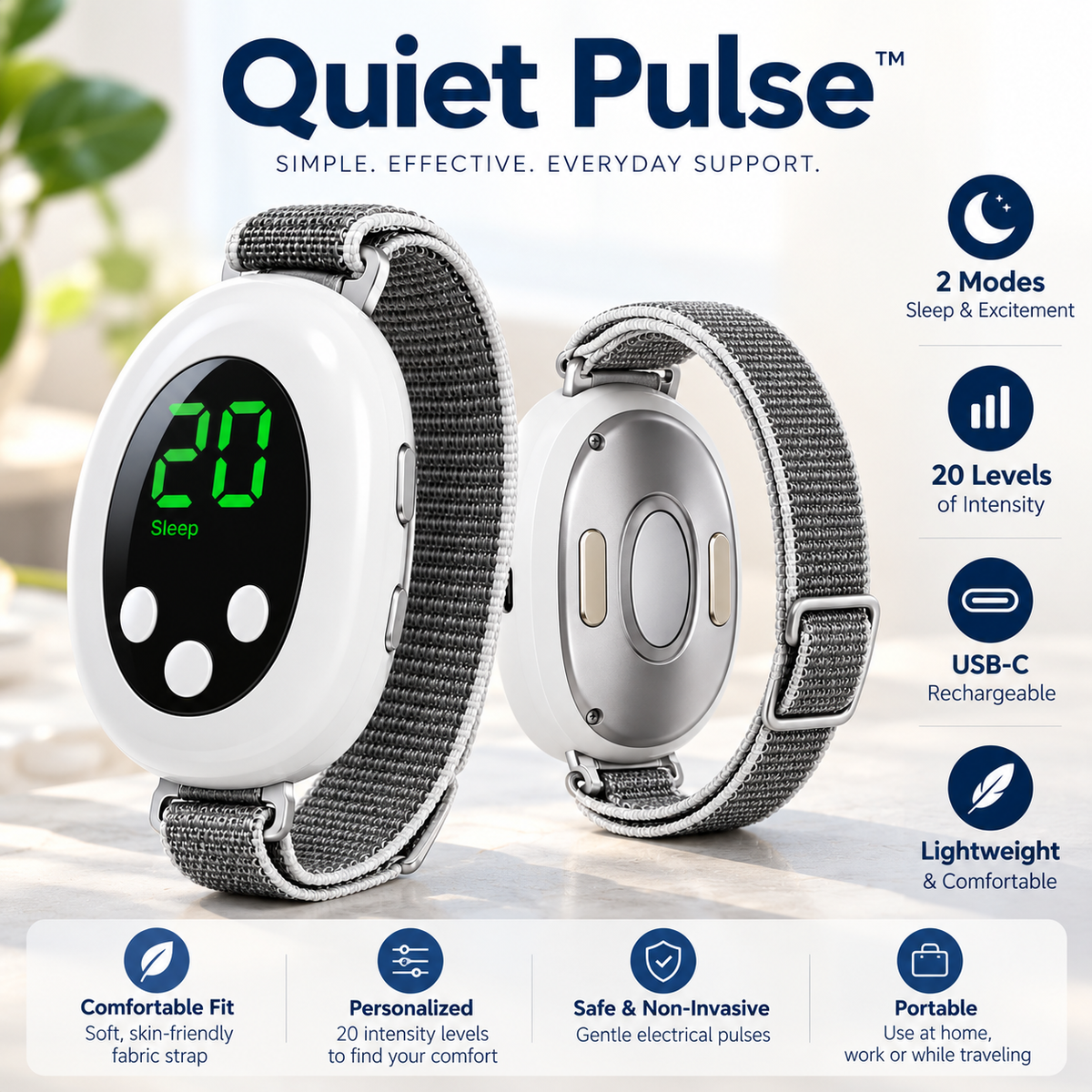 Quiet Pulse™ product overview — two modes and 20 intensity levels